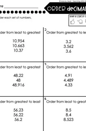 5th Grade Place Value - Order Decimals Homework 1