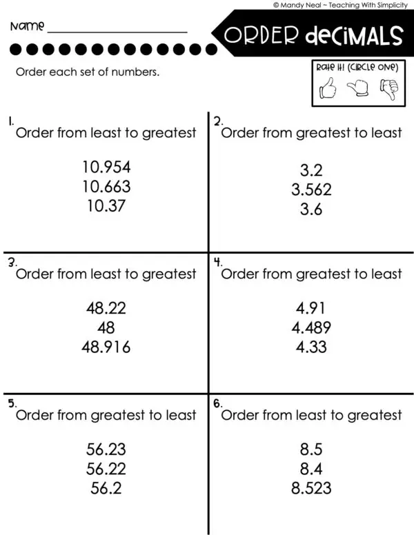 5th Grade Place Value - Order Decimals Homework 1