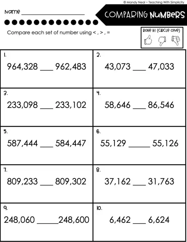 4th Grade Place Value - Compare Numbers Homework 2