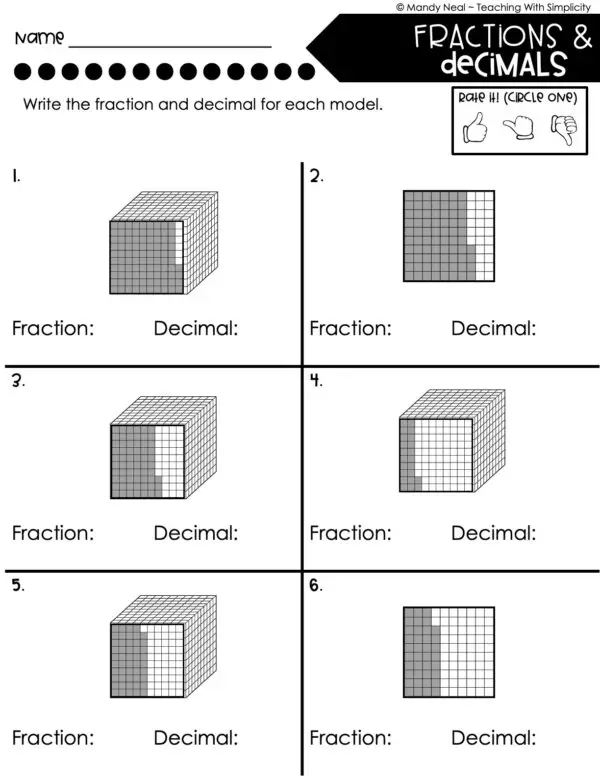 5th Grade Place Value - Model Fractions and Decimals Homework 1