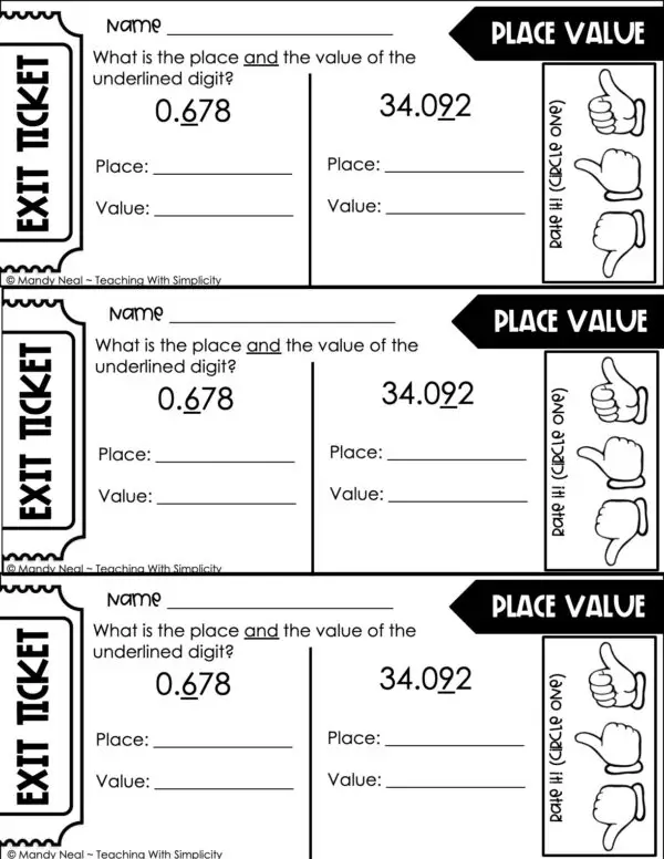 5th Grade Place Value - Place Value Through Thousandths Exit Ticket 3