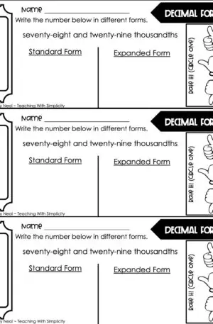 5th Grade Place Value - Read and Write Decimals Exit Ticket 2