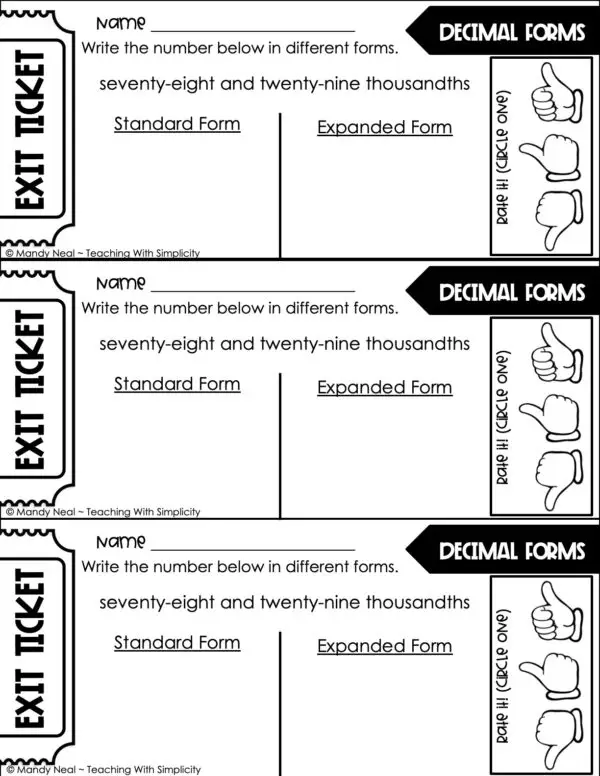 5th Grade Place Value - Read and Write Decimals Exit Ticket 2