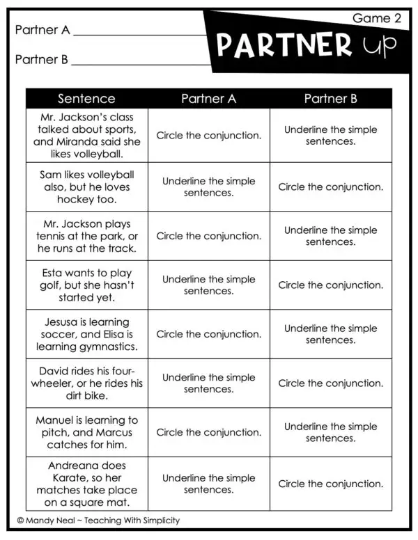 4th and 5th Grade Compound Sentences Partner Game 2