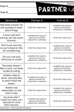 4th and 5th grade Conjunctions Partner Game 2