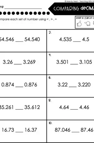 5th Grade Place Value - Compare Decimals Homework 2