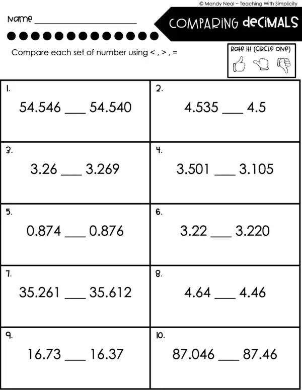 5th Grade Place Value - Compare Decimals Homework 2