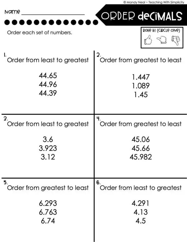 5th Grade Place Value - Order Decimals Homework 2