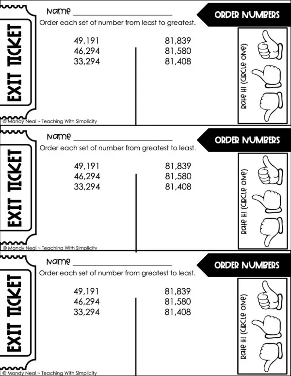 4th Grade Place Value - Order Numbers Exit Ticket 2