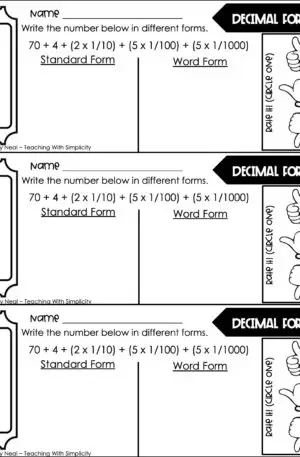 5th Grade Place Value - Read and Write Decimals Exit Ticket 3