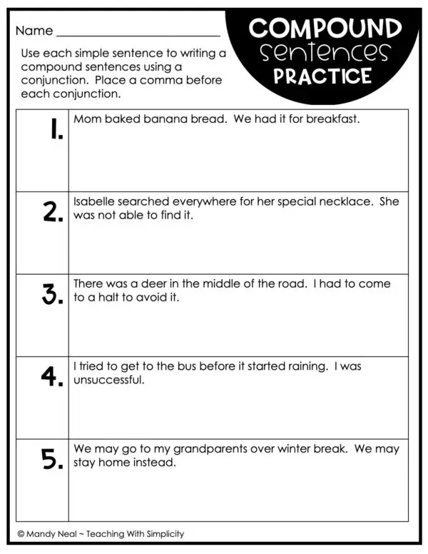 4th and 5th Grade Compound Sentences Practice