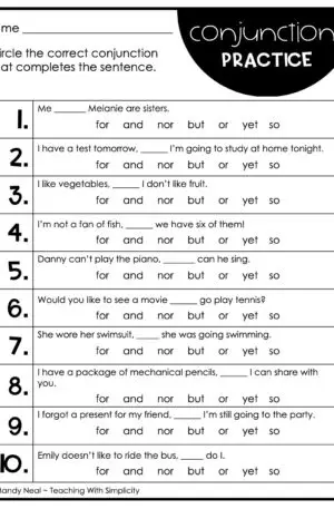 4th and 5th grade Conjunctions Practice