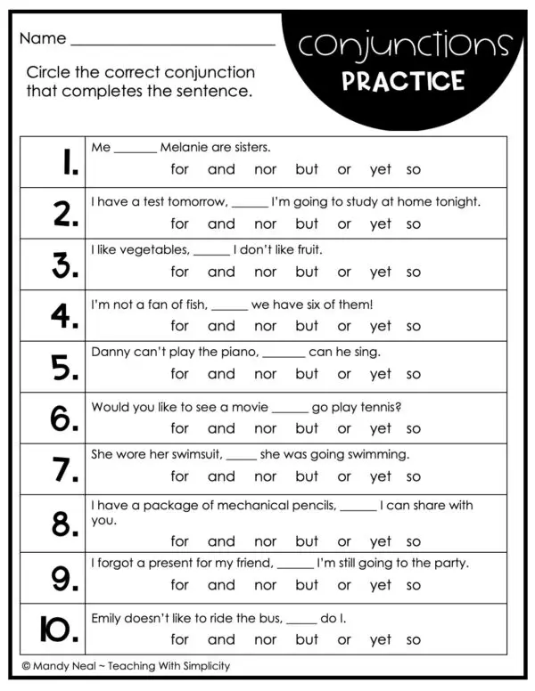 4th and 5th grade Conjunctions Practice