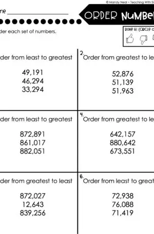 4th Grade Place Value - Order Numbers Homework 1