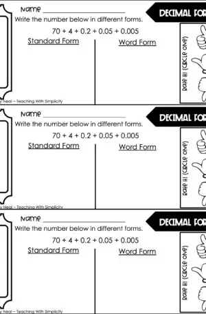 5th Grade Place Value - Read and Write Decimals Exit Ticket 4