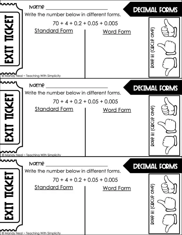 5th Grade Place Value - Read and Write Decimals Exit Ticket 4