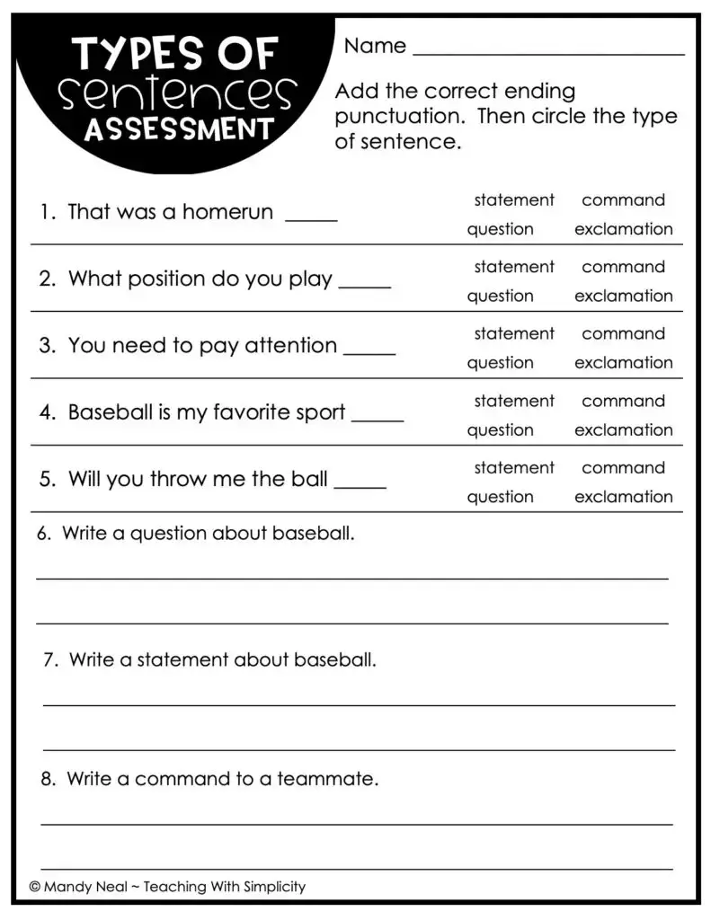 3rd Grade Types of Sentences Assessment