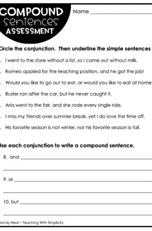 4th and 5th Grade Compound Sentences Assessment