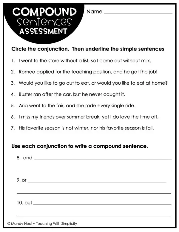 4th and 5th Grade Compound Sentences Assessment