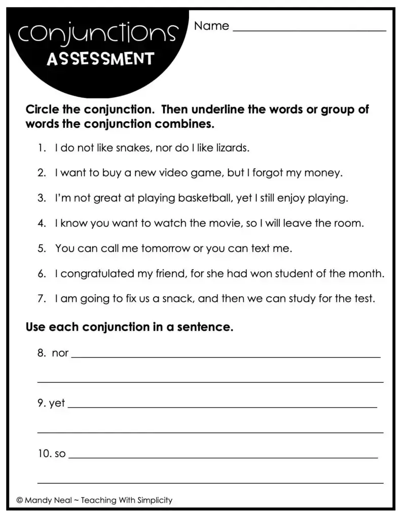 4th and 5th Grade Conjunctions Assessment