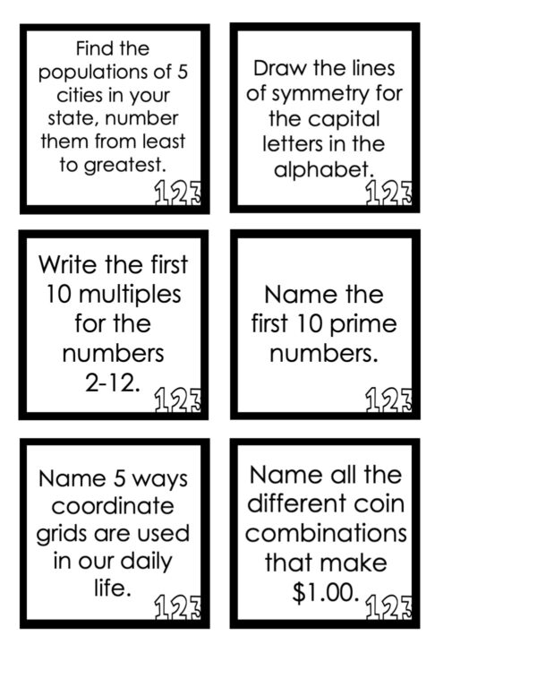 Choice Board: 1st Nine Weeks - Math Cards (Black and White)