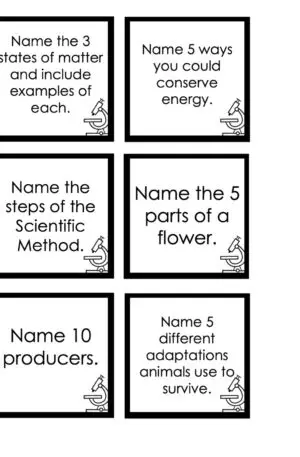 Choice Board: 1st Nine Weeks - Science Cards (Black and White)