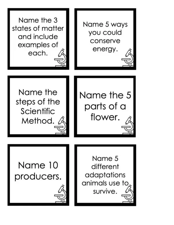 Choice Board: 1st Nine Weeks - Science Cards (Black and White)