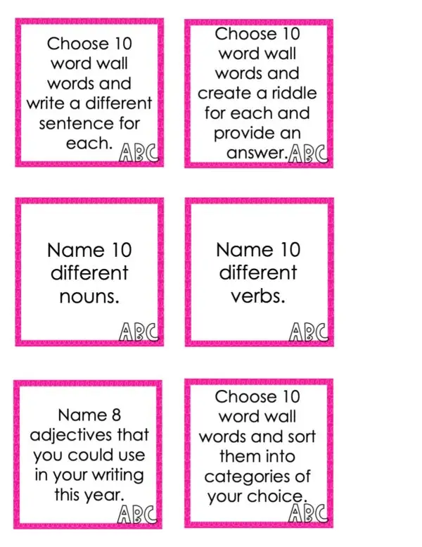 Choice Board: 1st Nine Weeks - Words Cards (Color)