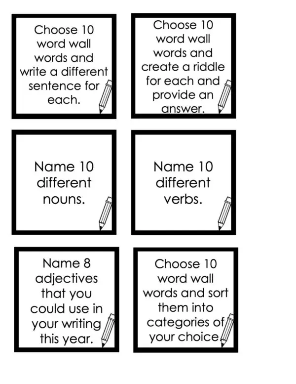 Choice Board: 1st Nine Weeks - Writing Cards (Black and White)