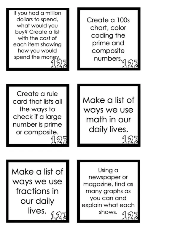 Choice Board: 2nd Nine Weeks - Math Cards (Black and White)