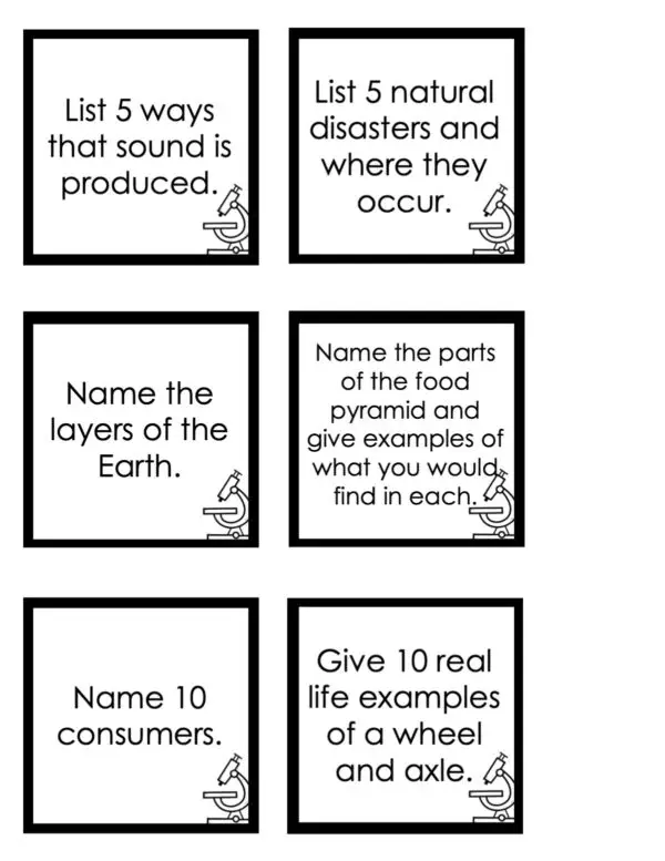 Choice Board: 2nd Nine Weeks - Science Cards (Black and White)