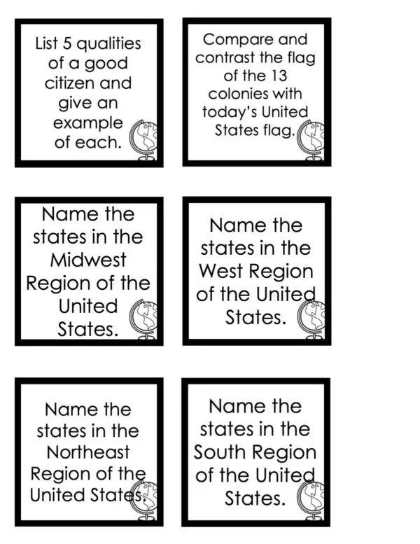 Choice Board: 2nd Nine Weeks - Social Studies Cards (Black and White)