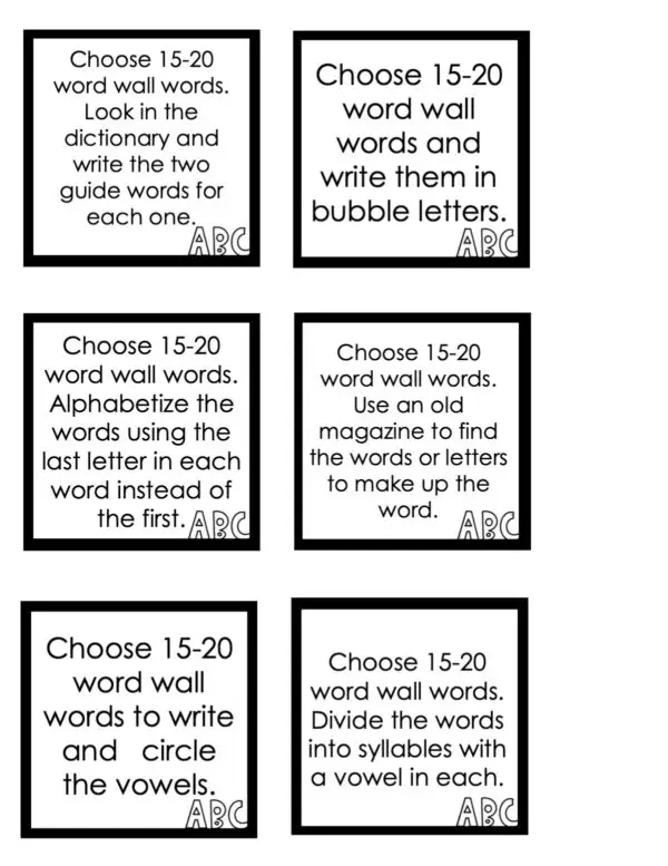 Choice Board: 2nd Nine Weeks - Words Cards (Black and White)