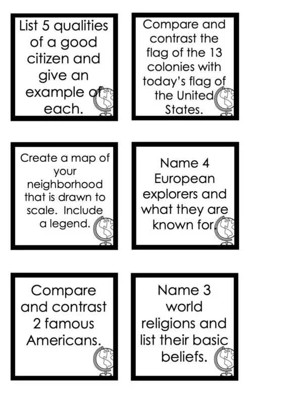 Choice Board: 3rd Nine Weeks - Social Studies Cards (Black and White)