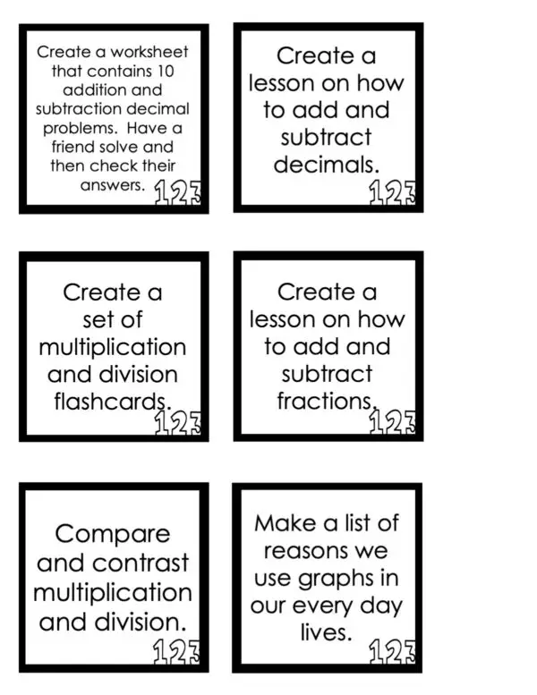 Choice Board: 4th Nine Weeks - Math Cards (Black and White)