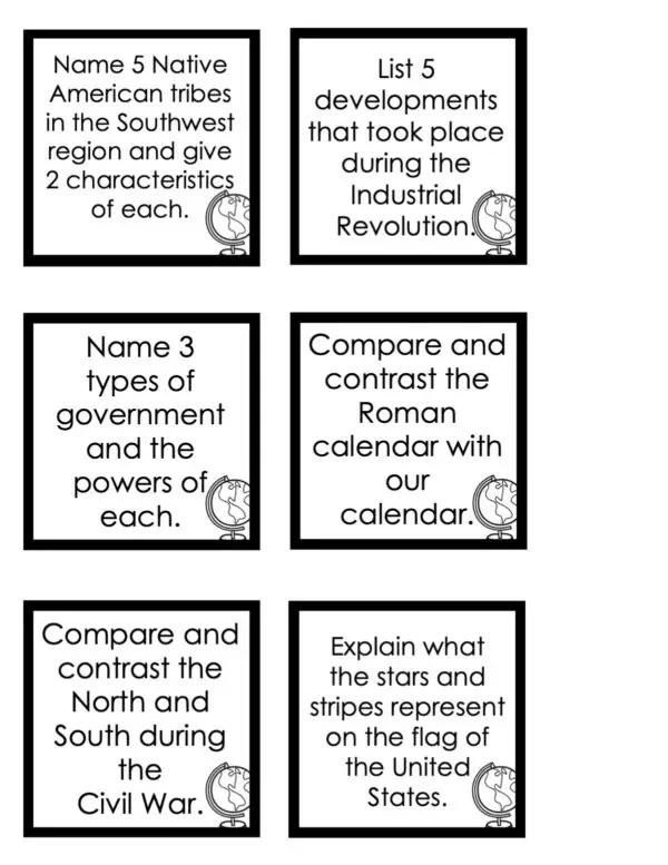 Choice Board: 4th Nine Weeks - Social Studies Cards (Black and White)