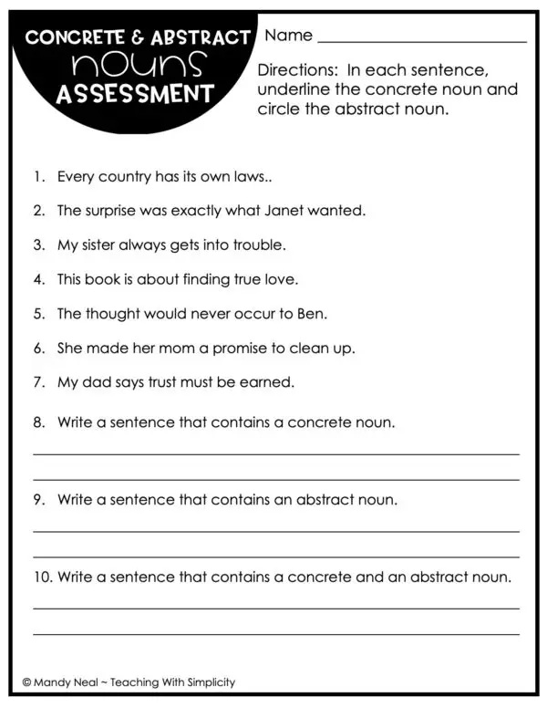 3rd Grade Concrete and Abstract Noun Assessment