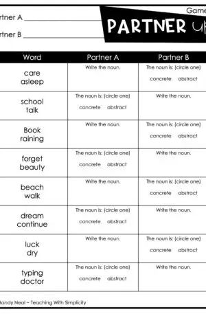 3rd Grade Concrete and Abstract Noun Partner Game 1