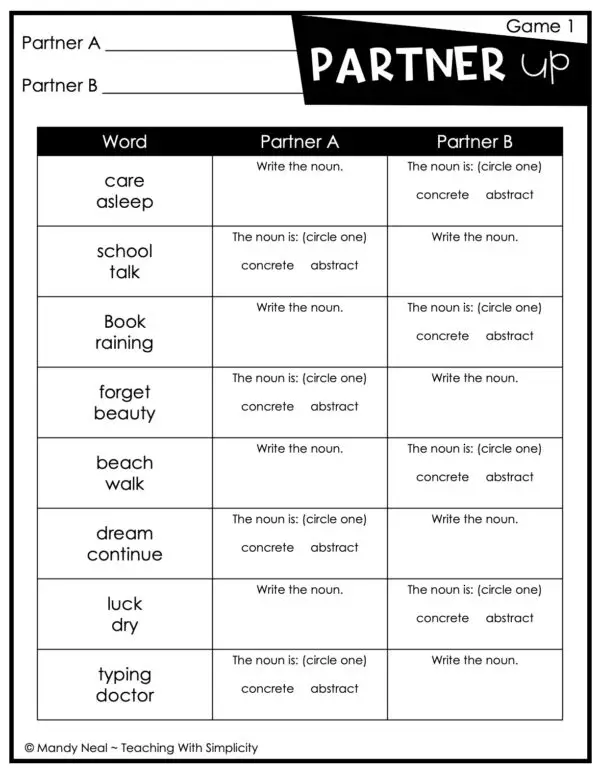 3rd Grade Concrete and Abstract Noun Partner Game 1