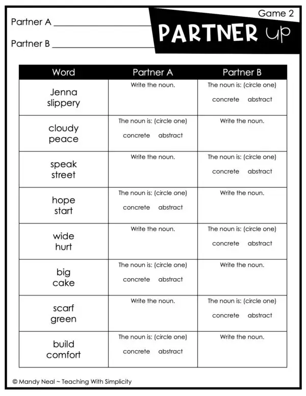3rd Grade Concrete and Abstract Noun Partner Game 2