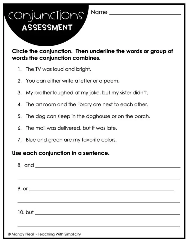 3rd Grade Conjunctions Assessment