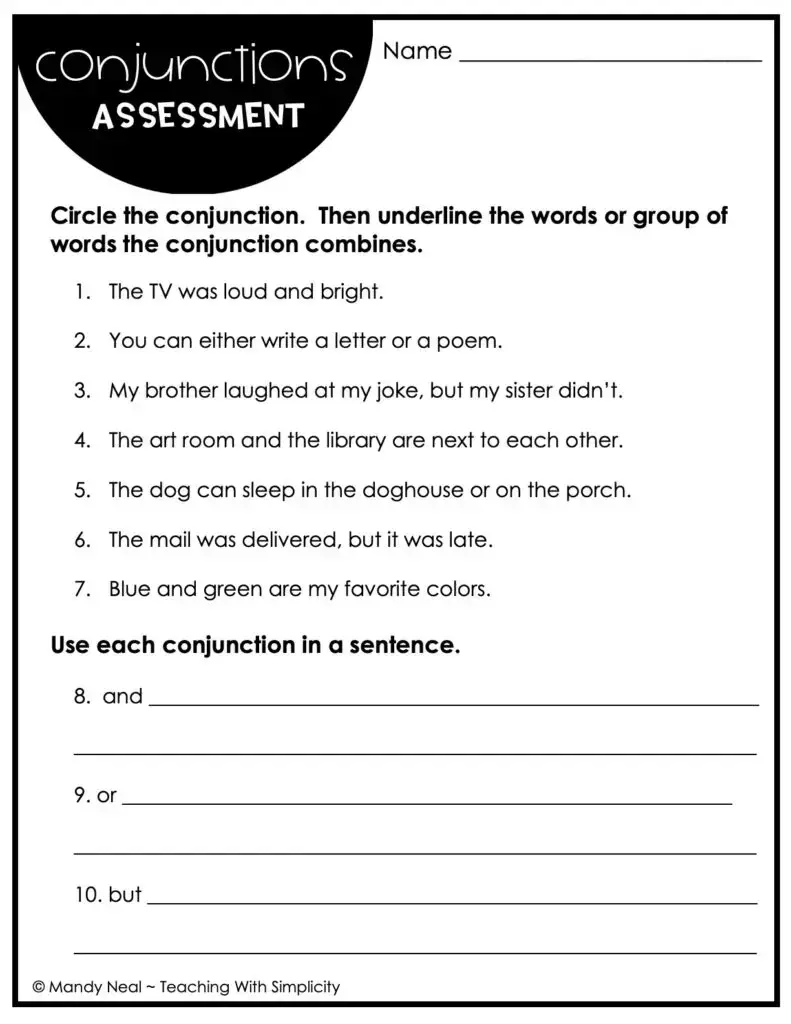 3rd Grade Conjunctions Assessment