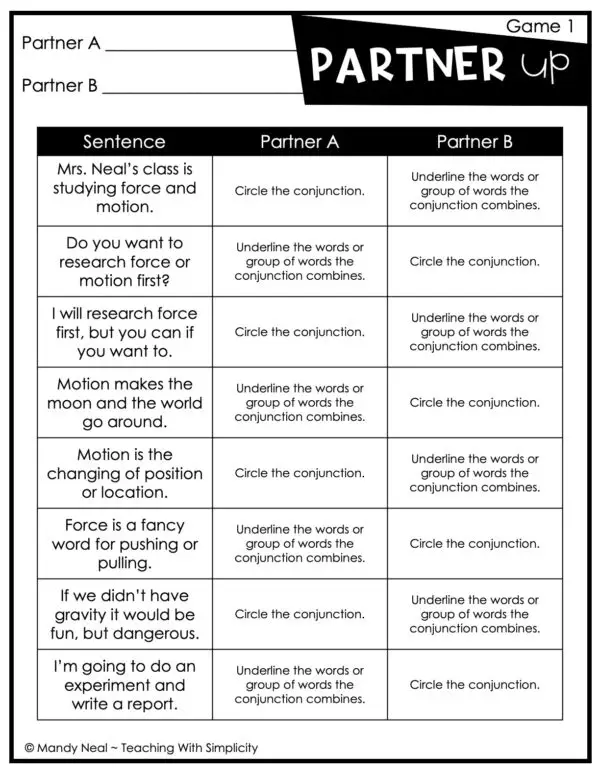 3rd Grade Conjunctions Partner Game 1