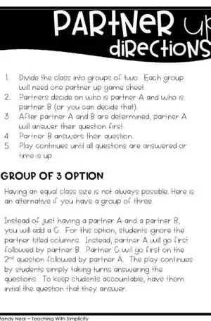 Partner Up Directions for Grammar Units