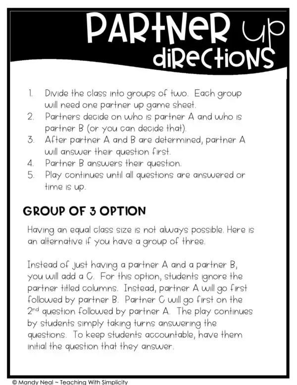 Partner Up Directions for Grammar Units