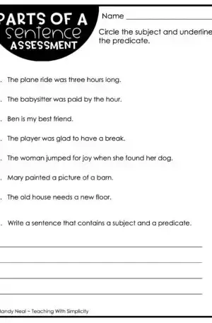 3rd Grade Parts of a Sentence Assessment