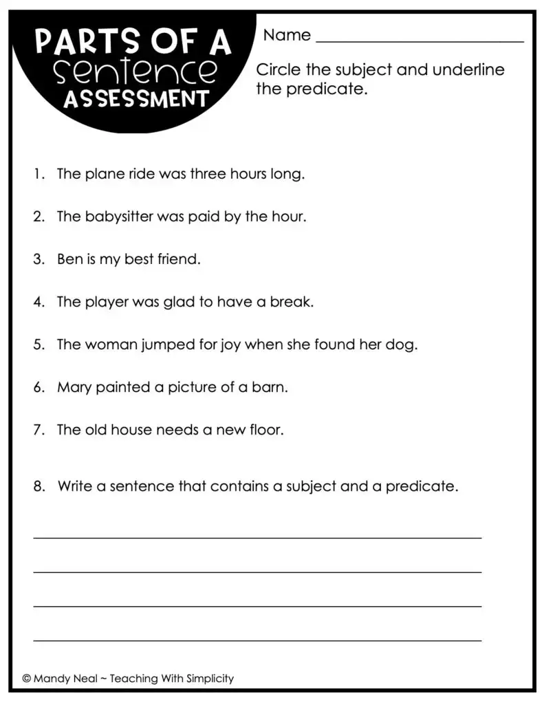 3rd Grade Parts of a Sentence Assessment