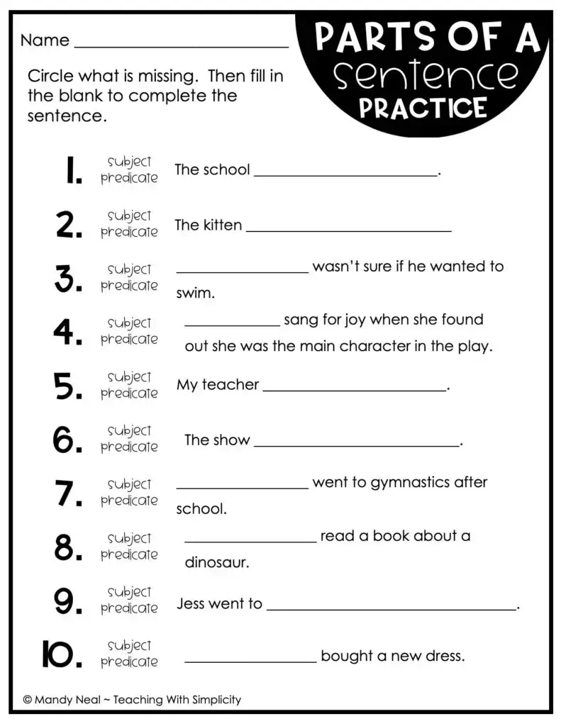 3rd Grade Parts of a Sentence Practice