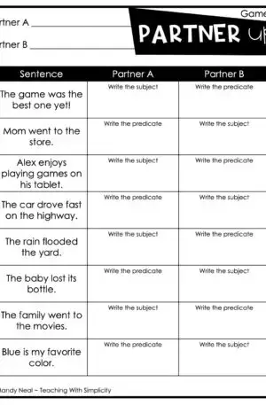 3rd Grade Parts of a Sentence Partner Game 2