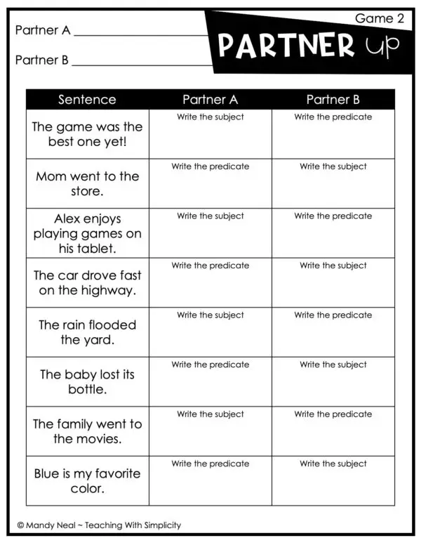 3rd Grade Parts of a Sentence Partner Game 2